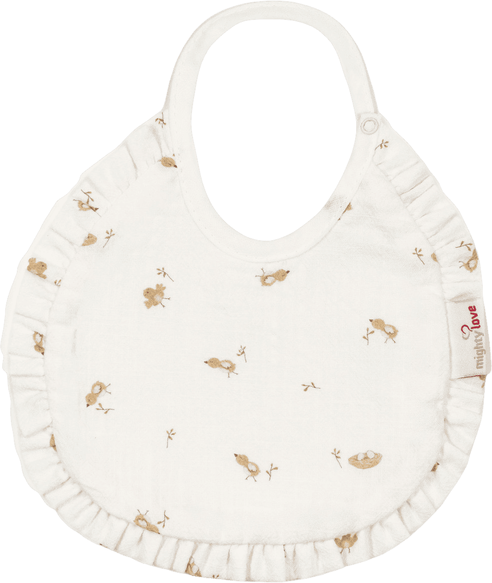 Babete creme com passarinhos estampados e folho franzido