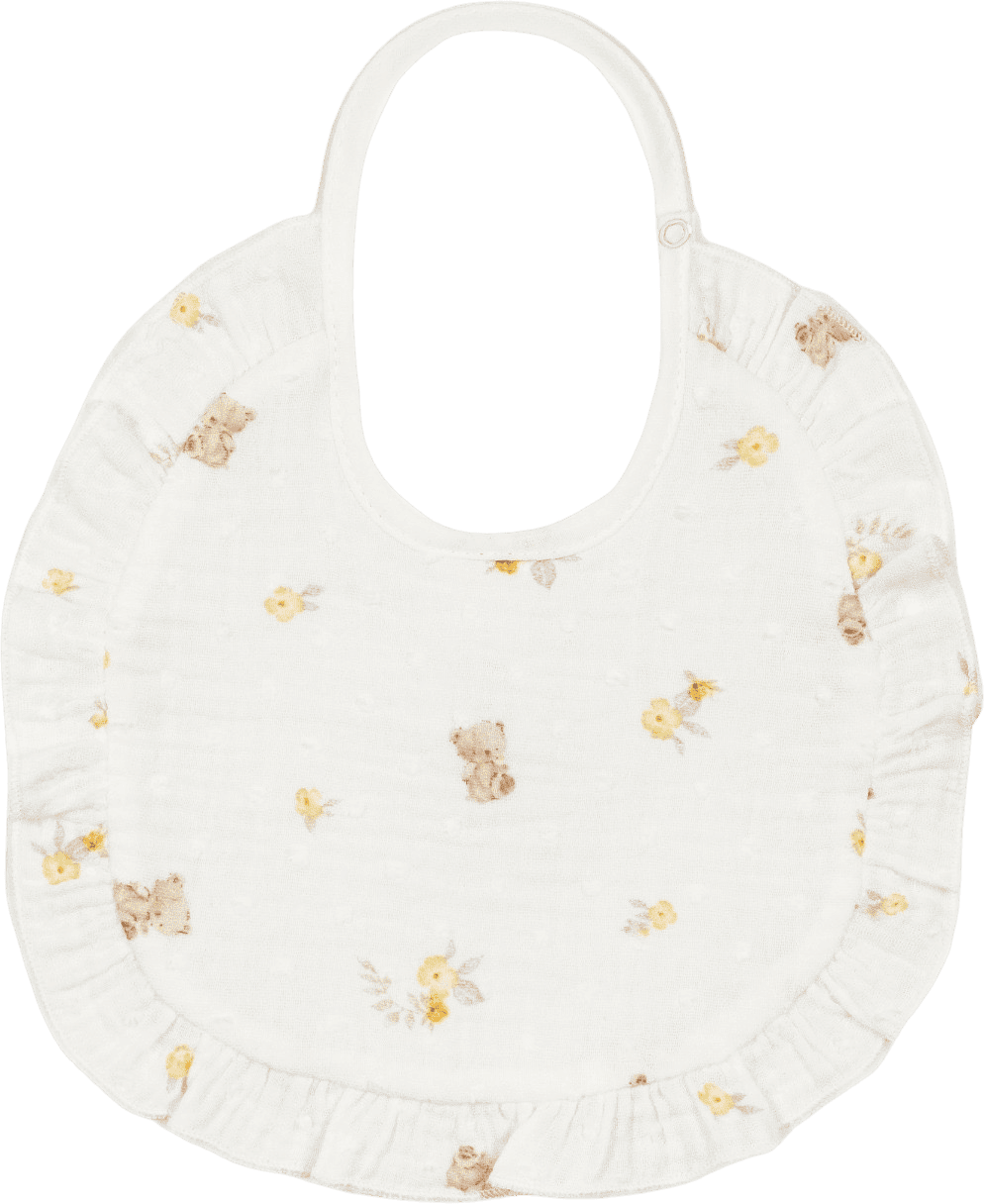 Babete creme com ursinhos e flores amarelas e folho franzido