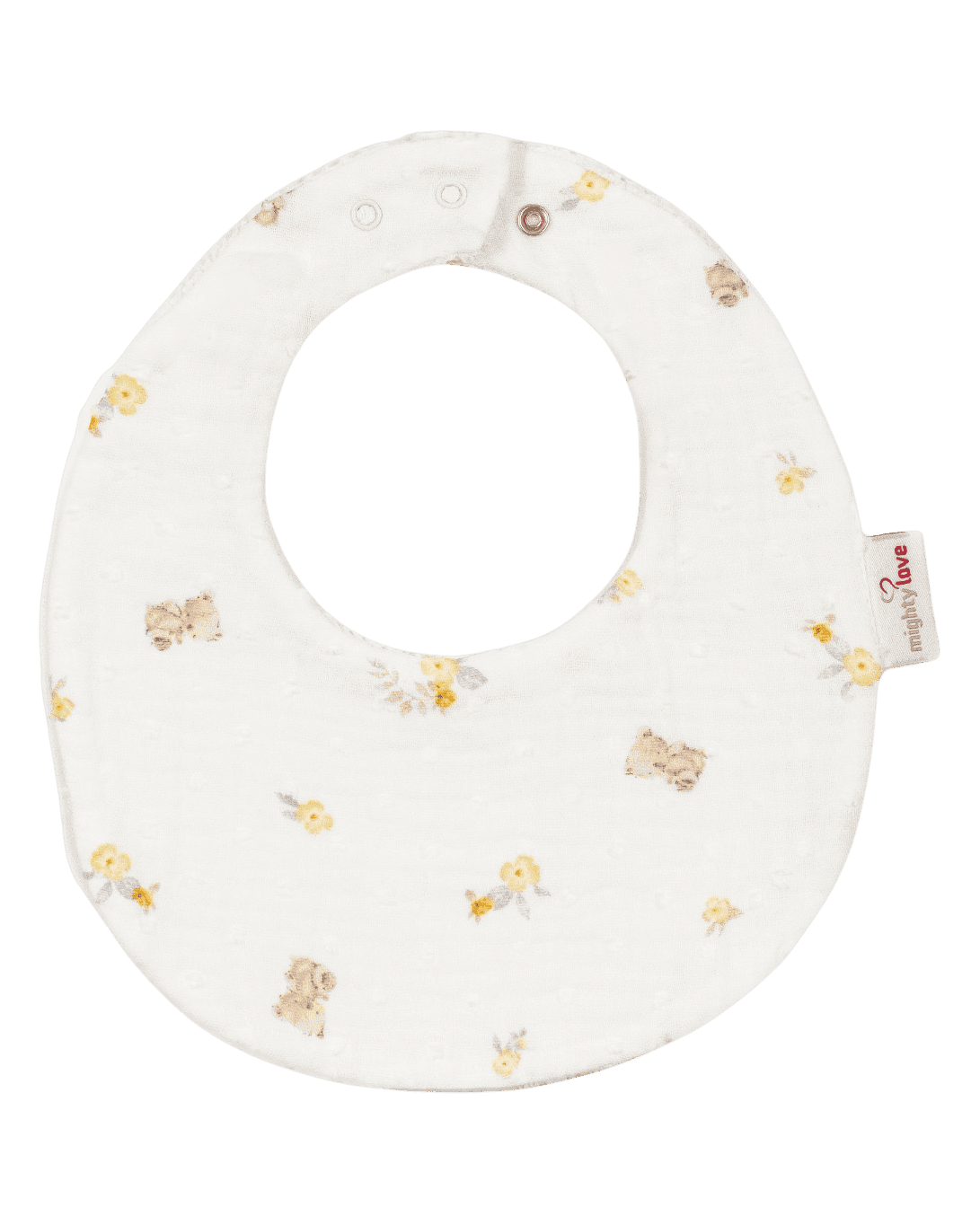 Babete redondo creme com ursinhos e flores amarelas