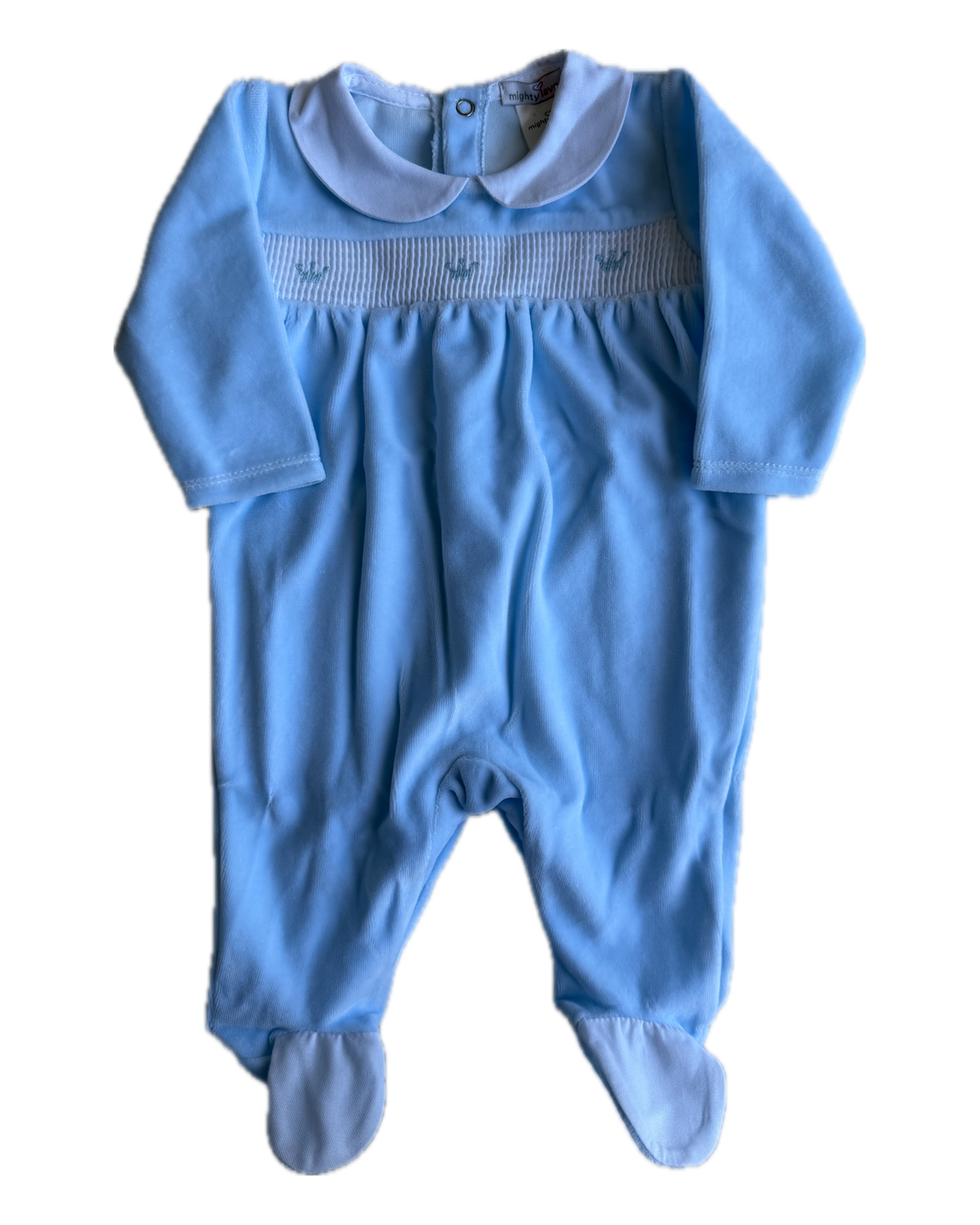 Babygrow azul com gola bebé e coroinhas bordadas no peito