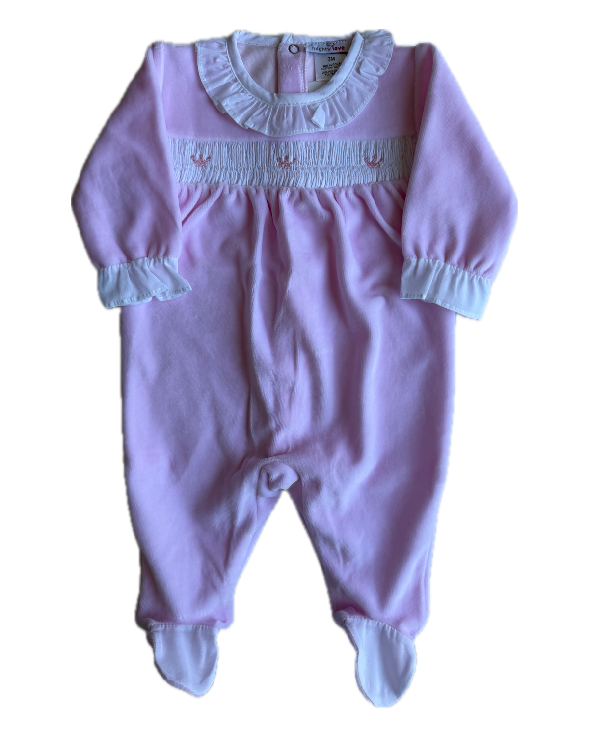 Babygrow rosa com gola de folho e coroinhas bordadas no peito