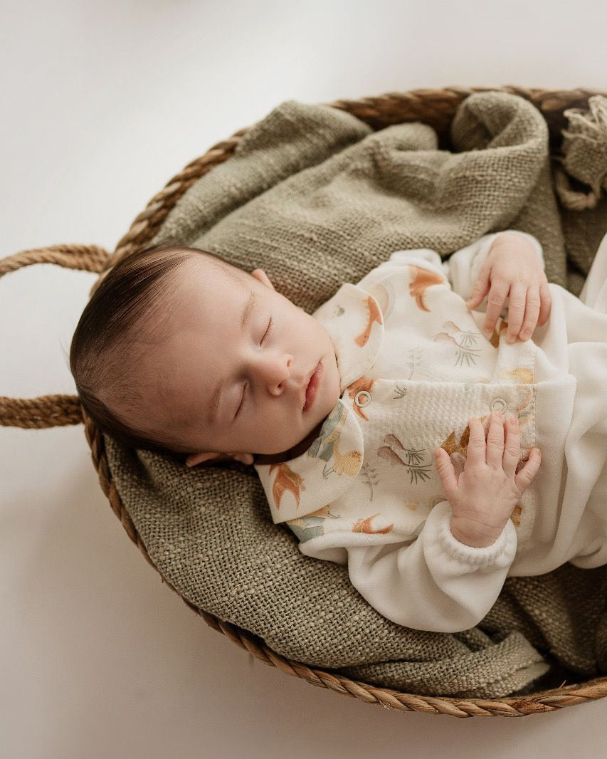 Bebé com o babygrow creme de dinossauros
