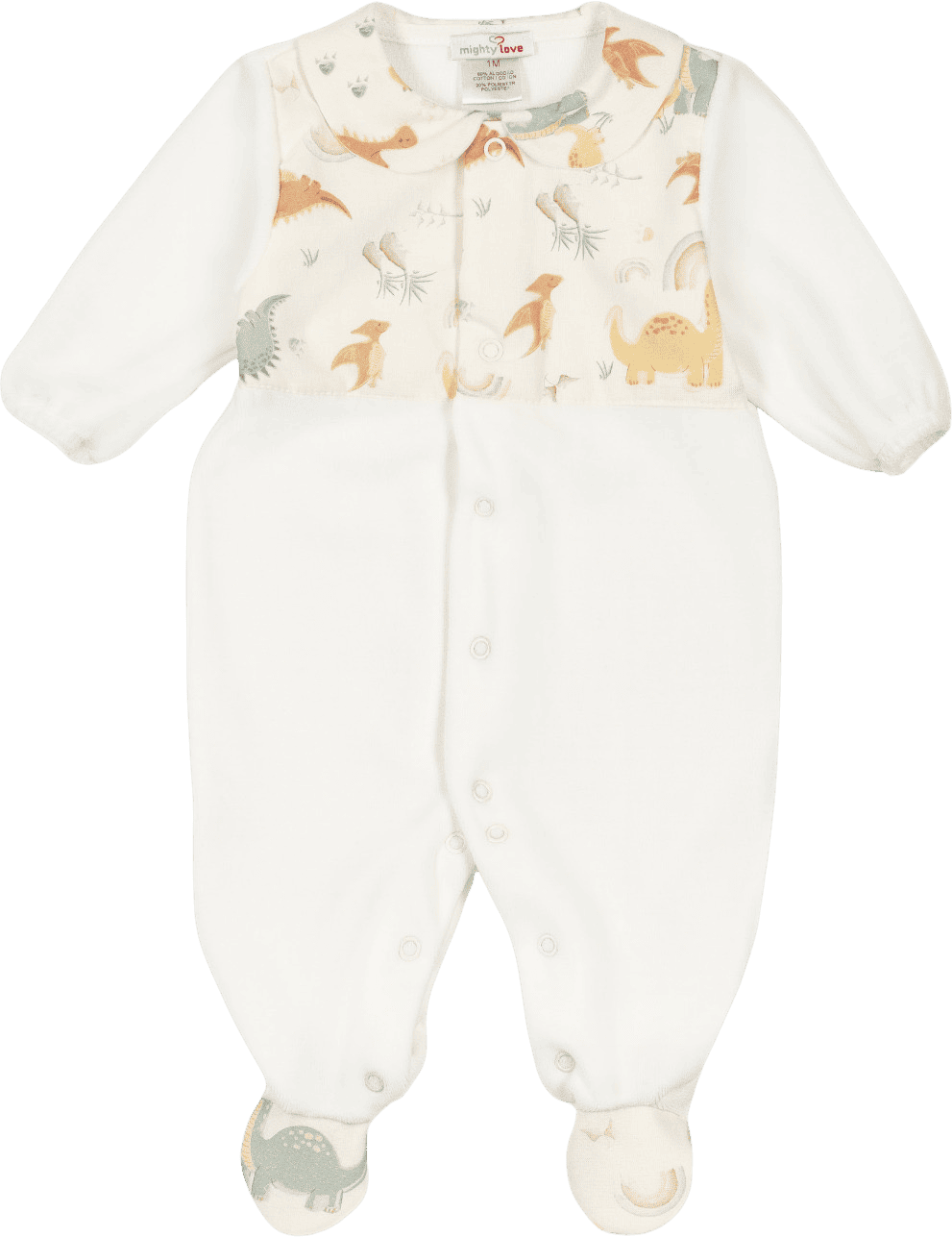 Babygrow creme com dinossauros estampados no peito e na gola