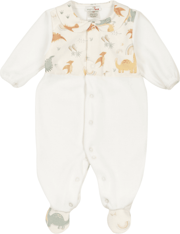 Babygrow creme com dinossauros estampados no peito e na gola