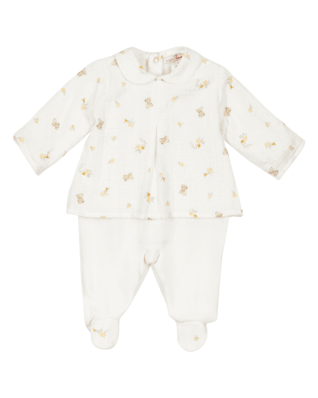 Babygrow creme com túnica estampada de ursinhos e flores amarelas