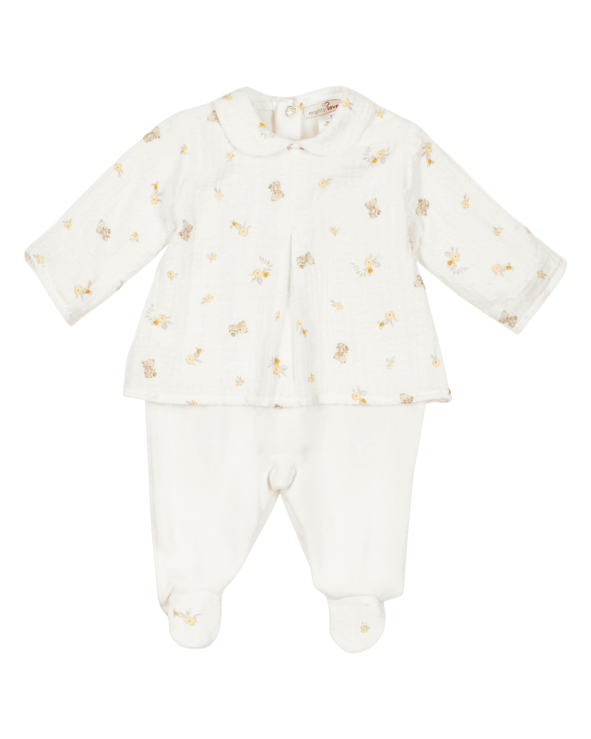 Babygrow creme com túnica estampada de ursinhos e flores amarelas