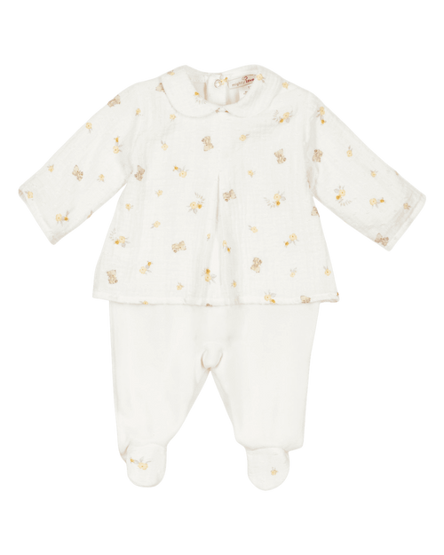 Babygrow creme com túnica estampada de ursinhos e flores amarelas