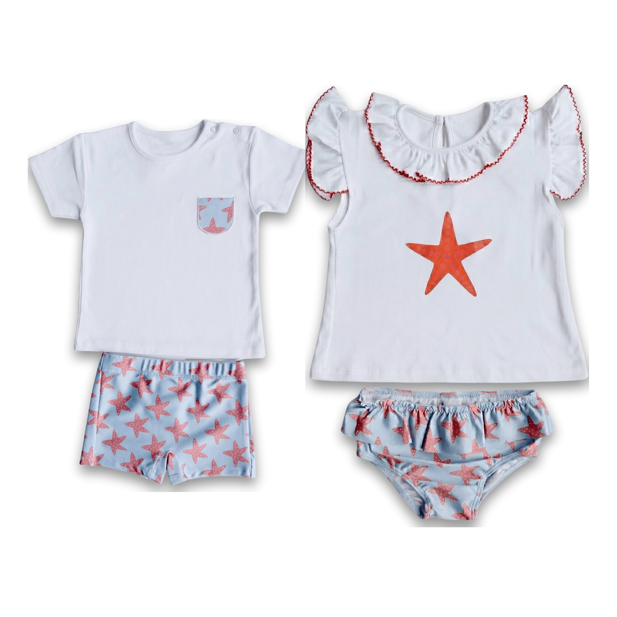 Cesto de Praia Estrela-do-Mar — dois conjuntos de praia, um com calção de banho e outro com cueca de banho, com estampa de estrelas-do-mar