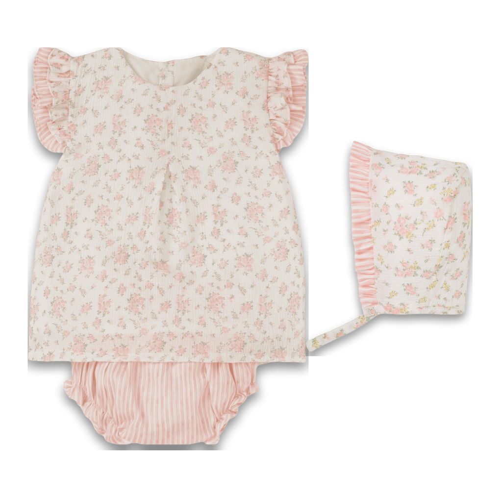 Cesto Jardim de Flores — túnica com tapa-fraldas de riscas rosa e touca a condizer, com estampa floral sobre fundo creme