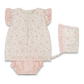 Cesto Jardim de Flores — túnica com tapa-fraldas de riscas rosa e touca a condizer, com estampa floral sobre fundo creme