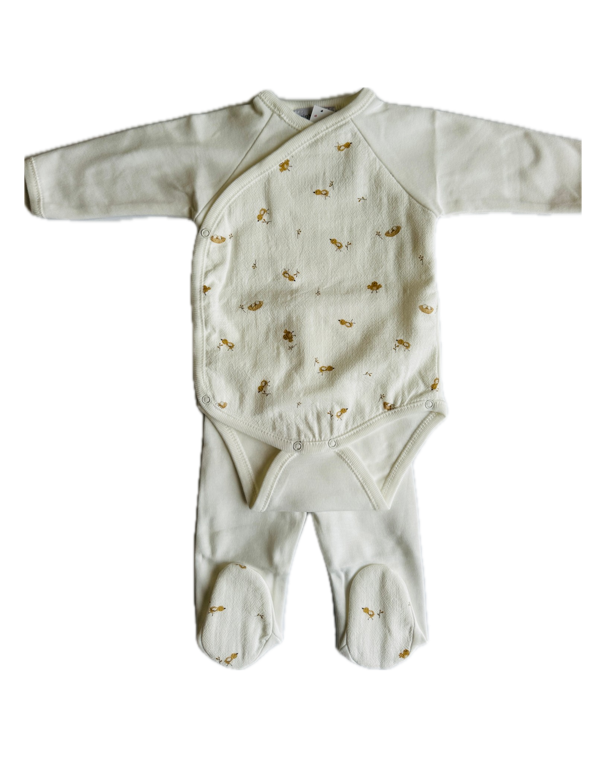 Conjunto creme de body cruzado com passarinhos e ninhos estampados na frente e collants lisos com as solas estampadas
