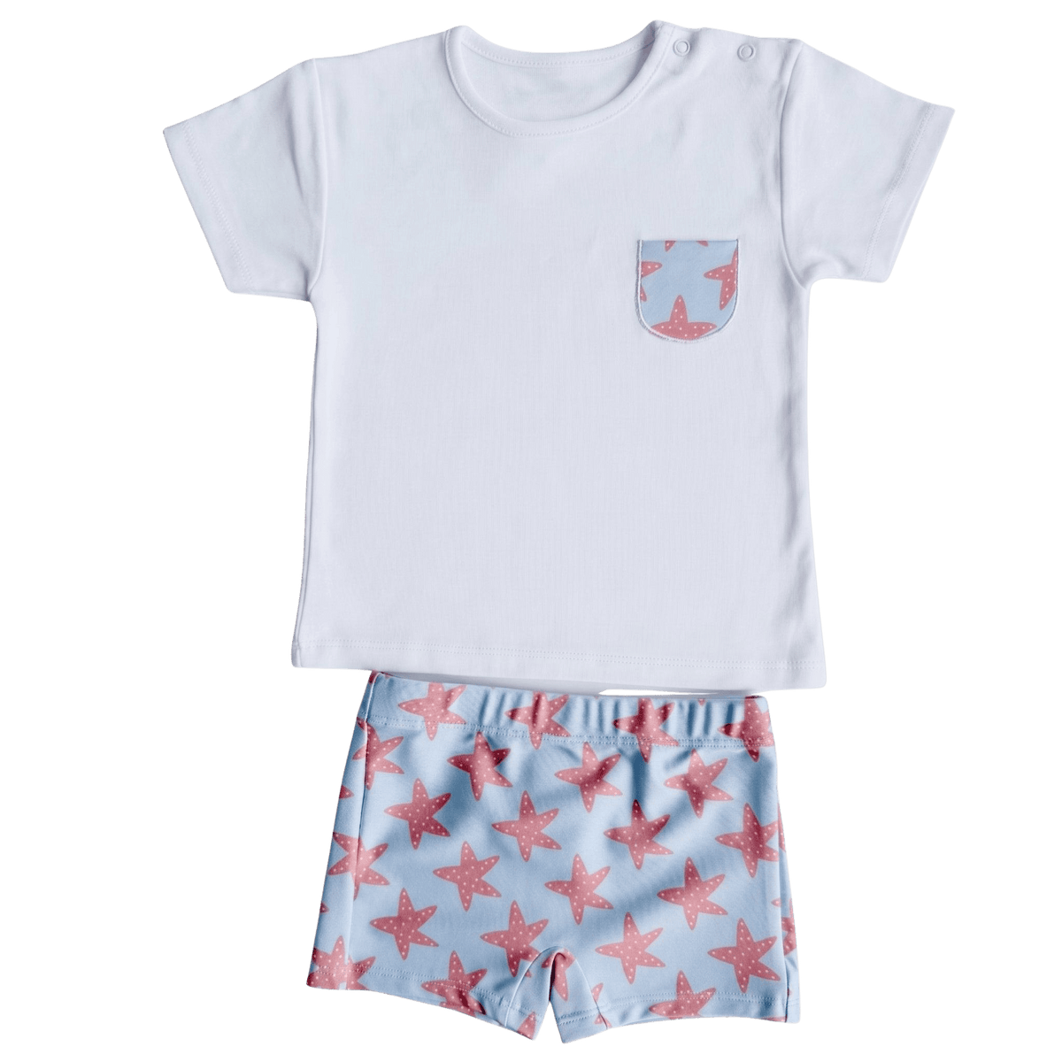 Conjunto Praia Estrela-do-Mar com calção de banho, peça incluída no cesto