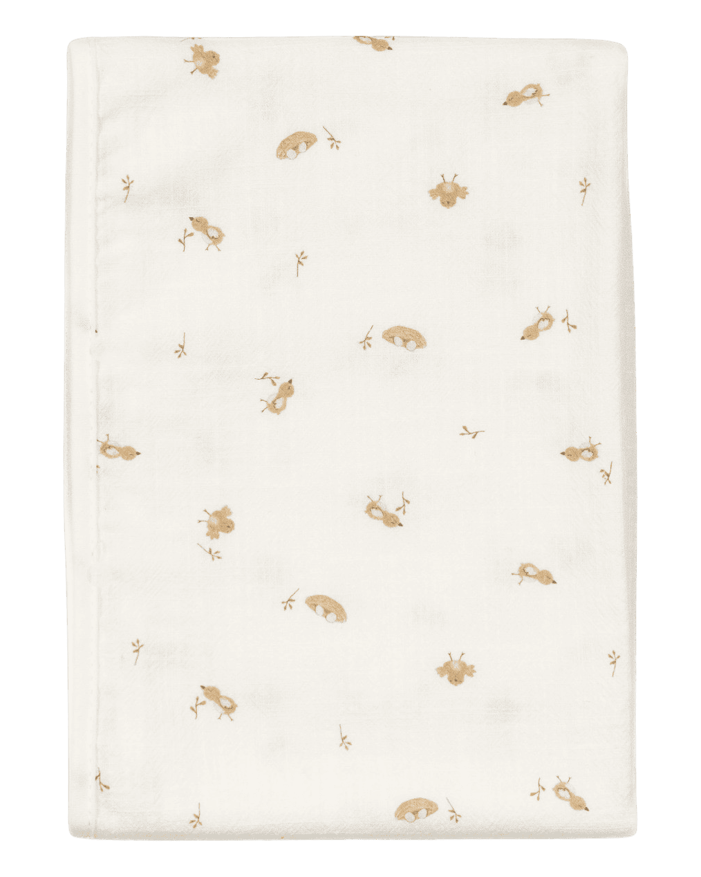Fralda de pano clara com passarinhos estampados em tons de caramelo