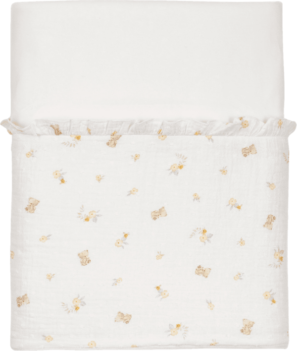 Manta creme com ursinhos e flores amarelas e dobra lisa com folho