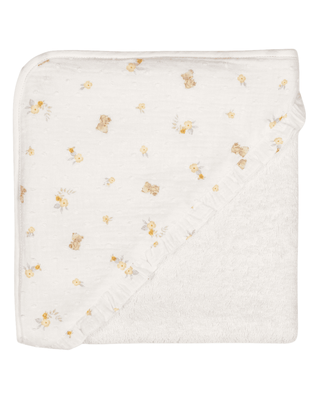 Toalha de banho creme com capuz estampado de ursinhos e flores amarelas